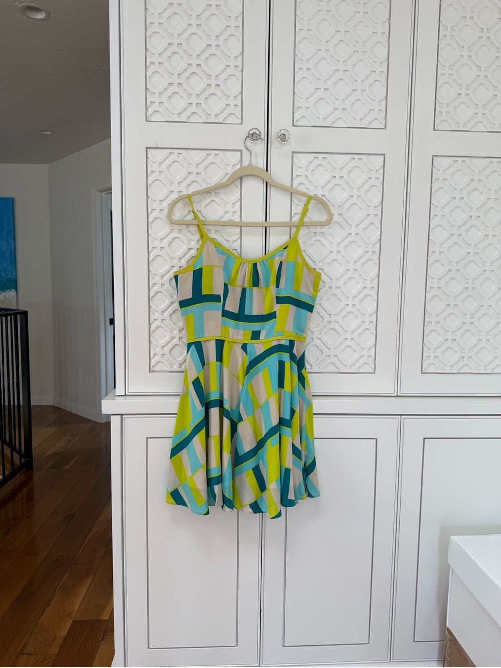 Amanda Uprichard Lime & Teal Geometric Spaghetti-Strap Dress
